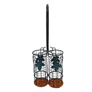 Tuscan Wicker Metal Wire Kitchen Caddy For Skinny Oil Vinegar Bottles Decor 14”
